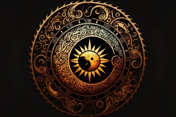 Obraz premium a sun and moon symbol in a circular pattern on a black background with swirls and swirls around it, with a black background. generative ai