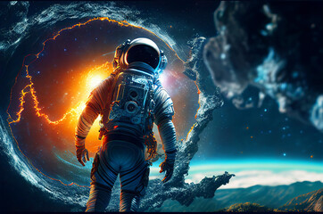 Fototapeta premium Astronaut floating in the space with galaxy and planet in background. Generative ai illustration 