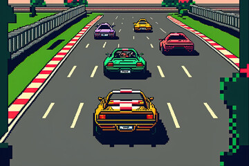 A car race on an racetrack, Retro computer games level. Pixel art video game scene 8 bit.