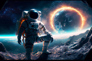 Astronaut floating in the space with galaxy and planet in background. Generative ai illustration 
