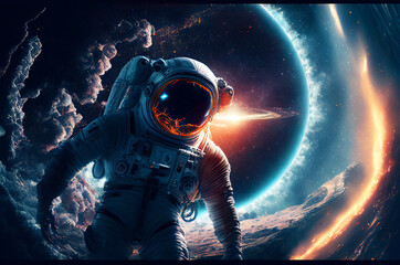 Astronaut floating in the space with galaxy and planet in background. Generative ai illustration 