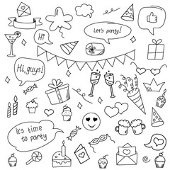 Happy birthday, party big doodle set. Party decoration, balloons, gift box, cake with candles, confetti, party hats, cupcakes, flags, glasses of wine, beer mugs and speech bubbles with text.