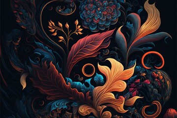  a painting of a flower and leaves on a black background with a red and blue swirl around it and a red and yellow flower on the left side.  generative ai