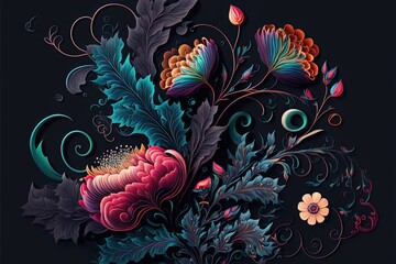  a colorful floral arrangement on a black background with swirls and leaves on it's sides and a blue center with a red center.  generative ai