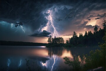 Naklejka na ściany i meble a storm is coming over a lake with trees in the background and a lightning bolt in the sky above it, and a lake with a few trees in the foreground. generative ai