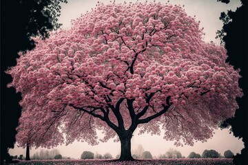  a large pink tree with lots of pink flowers in the middle of a park area with a bench under it and a bench under the tree.  generative ai