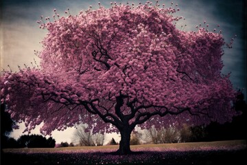  a large tree with purple flowers in a park area with a cloudy sky in the background and a few trees in the foreground with purple flowers.  generative ai