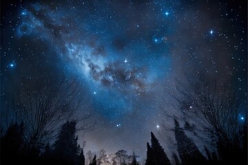  a night sky with stars and trees in the foreground and a bright blue sky with stars and a few clouds in the background, and a few trees in the foreground.  generative ai