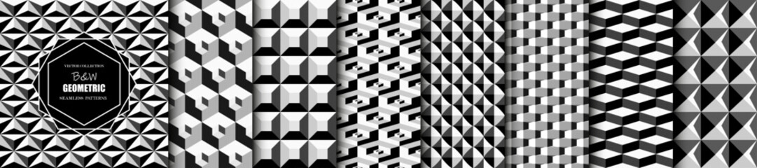 Collection of monochrome seamless geometric patterns. Repeatable black and white backgrounds. Decorative endless 3d textures