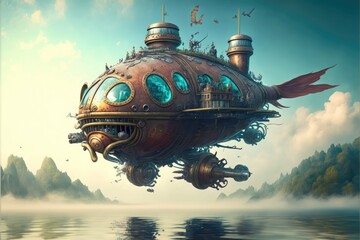 Fototapeta na wymiar In true steampunk fashion, a massive airship can be seen hovering just over the water's surface.