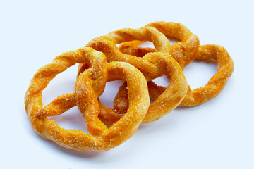 Soft pretzels on a white background.