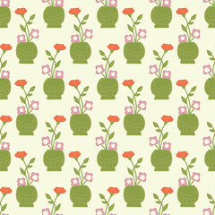 Seamless decorative elegant pattern with bouquets of cute flowers in green vases. Print for textile, wallpaper, covers, surface. For fashion fabric. Retro stylization.