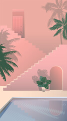Vector image, courtyard in a tropical city with palm trees and a swimming pool