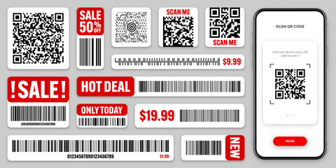 Product barcodes and QR codes. Smartphone application, scanner app. Sale stickers, discount label or promotional badge. Serial number, product ID. Store, supermarket scan labels. Vector illustration