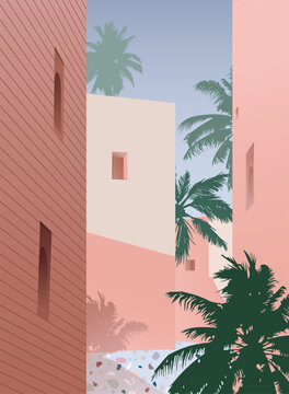 Vector image, a street in a tropical city with palm trees and houses