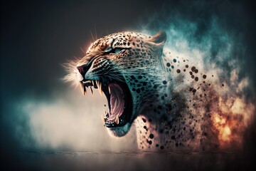 Bare teeth angry wild leopard roars in town urban background illustration generatiev ai - obrazy, fototapety, plakaty