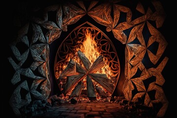  a fire place with a fire burning in it's center and a decorative design around it, with a black background and a black background.  generative ai