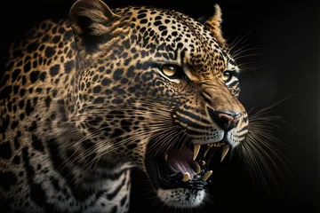 Fotobehang Bare teeth angry wild leopard roar black background isolated illustration generatiev ai © Roman