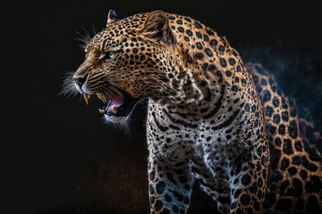 Bare teeth angry wild leopard roar black background isolated illustration generatiev ai - obrazy, fototapety, plakaty