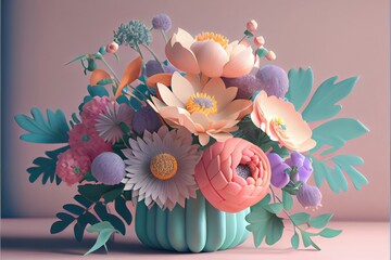 Spring floral bouquet using a unique arrangement of flowers and foliage to create a natural look with spring hues and tones. Studio setting clean backdrop. Generative AI