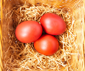 Fototapeta na wymiar Colorful Easter eggs in a basket. Traditional festive decor.