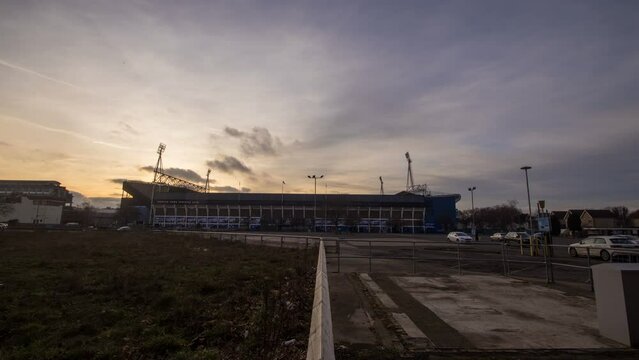 4k timelapse at sunset over Portman Road stadium in Ipswich, Suffolk, UK