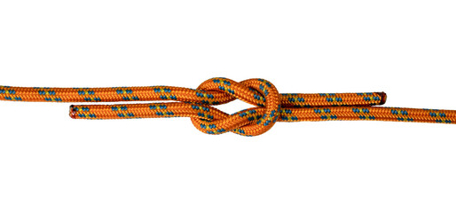 square knot  orange rope, example of knot used outdoors to tie two ropes,  png transparent background - obrazy, fototapety, plakaty
