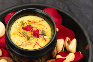 Kesar Badam Thandai Prepared With Fennel Seeds, Dry Fruits, Cardamom, Bhang, Badam, Kaju, Pista, Saffron, Kesar, Spices, Beverages Is Enjoyed On Holi, Mahashivratri, Holla mahalla, Diwali Festival