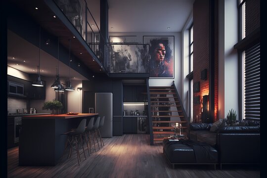 Fancy Minimalist Loft In New York City. Interior Design Concept. Generative AI.