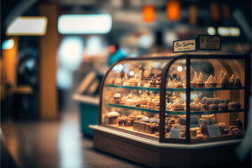 bakery pastry shop in a shopping center, blurred people in the background, generative ai.
