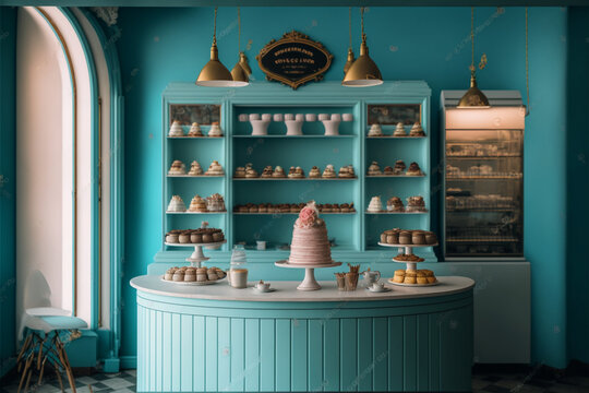 Cozy cake shop interior, coffee shop Colorful, background, generative ai