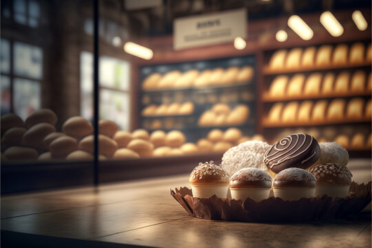 Bakery interior background. Bakery shop. Pastry shop. Generative AI.
