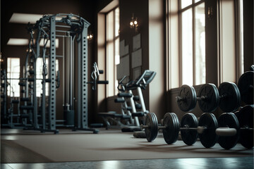Naklejka premium Fitness gym indoor backgound, with free weights, dumbbells, treadmills, generative ai.