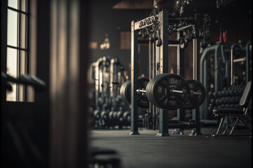 Obraz premium Fitness gym indoor backgound, with free weights, dumbbells, treadmills, generative ai.