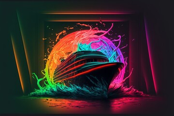 Futuristic Neon Cruiseship at sunset sunrise setting in rainbow colors. The freedom of ocean is the sailship crossing destination magical journey. Postproducted generative AI digital illustration.