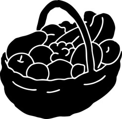 Tasty fresh fruits and vegetables in basket for healthy eating, vegan and vegetarian lifestyle. Garden harvest, market shopping, grocery store. Hand drawn illustration. Black silhouette vector drawing