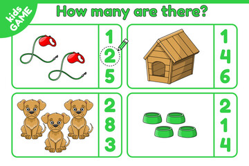 Educational counting game for kids. Math game How many objects. Count and choose the correct answer. Worksheet for preschool and school children. Cartoon dogs and pet accessories. Vector illustration.