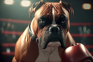 Boxer dog in boxing gloves in the ring. Generative AI
