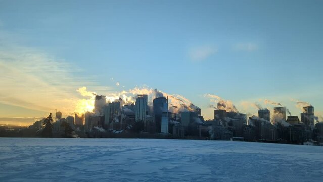 Downtown Calgary During Polar Vortex in Winter. at Sunrise.