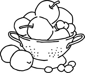 Tasty fresh fruits and vegetables in basket for healthy eating, vegan and vegetarian lifestyle. Garden harvest, market shopping, grocery store. Hand drawn illustration. Cartoon vintage vector drawing.