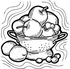 Tasty fresh fruits and vegetables in basket for healthy eating, vegan and vegetarian lifestyle. Garden harvest, market shopping, grocery store. Hand drawn illustration. Cartoon vintage vector drawing.