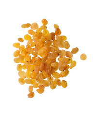 A handful of raisins on a white background