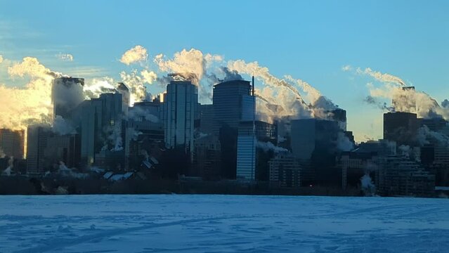 Downtown Calgary During Polar Vortex in Winter. at Sunrise.