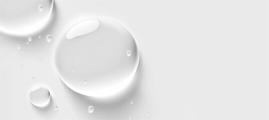 Realistic transparent water drops banner background. Pure cosmetic product sample illustration. Moisturizer skincare serum isolated on white AI Generated