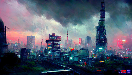 cyber punk futuristic city landscape illustration