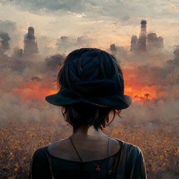 Girl With Short Hair Wearing Hat, Post Apocalyptic Background In A Sunset, Fog Around