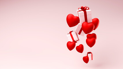 Hearts and gift boxes on white background. Valentine day backdrop. 3d render illustration