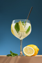 Mojito with lemon and mint on blue background