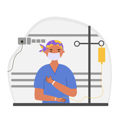 Illustration of cancer patient in hospital wearing face mask. Flat design cartoon character vector illustration. World cancer day.
