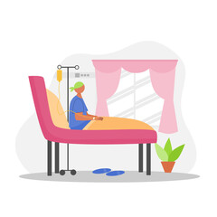 Cancer patient sitting on hospital bed looking at view from window illustration. Flat design cartoon character vector illustration. World cancer day.